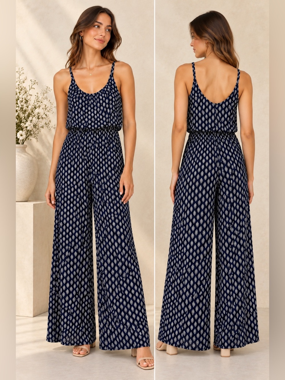 Kaileigh Navy White Print Wide Leg Jumpsuit Size Medium